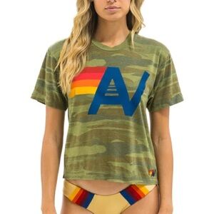 Aviator Nation Olive Camo Tee with Blue AV and Red-Orange-Yellow Stripes